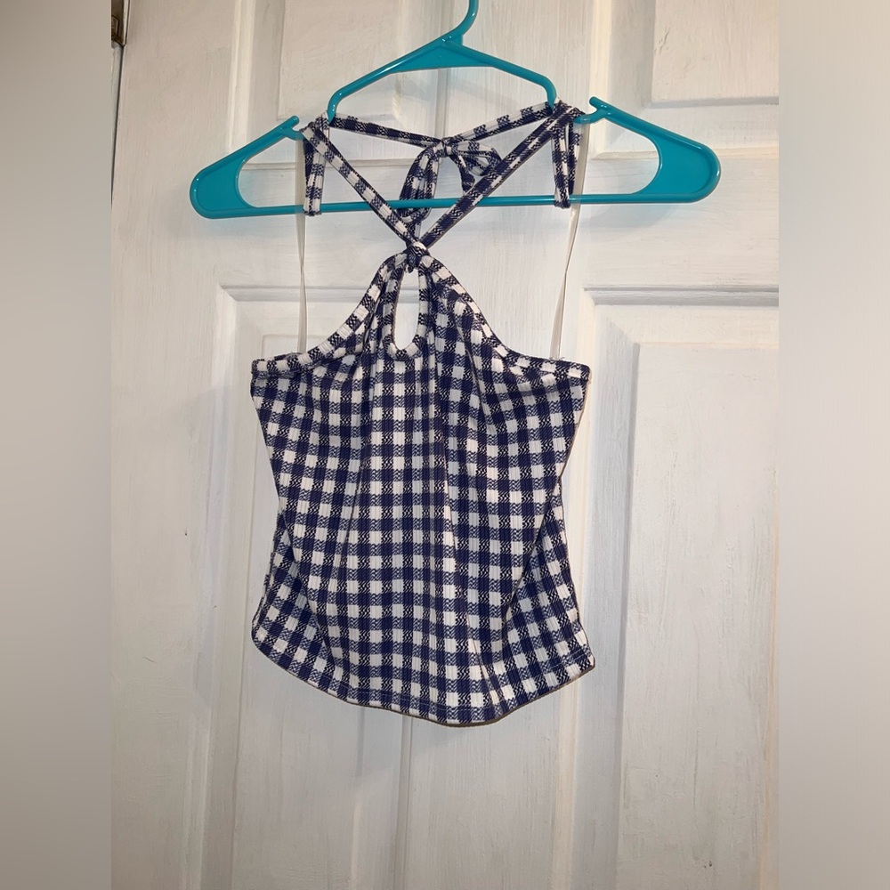 Size medium blue white checkered halter neck tie cropped crop top